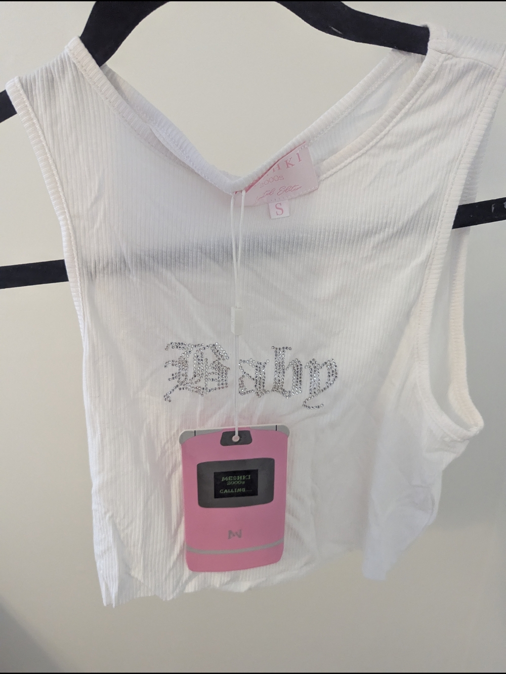 Meshki White Ribbed 'Baby' Rhinestone Crop Tank